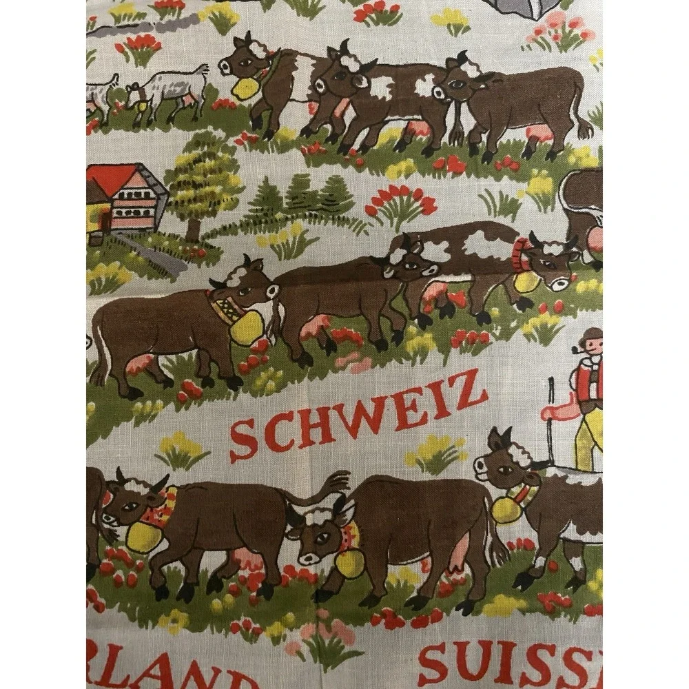 Vintage Novelty Handkerchief Switzerland Souvenir Cows Alps Schweiz Suisse
